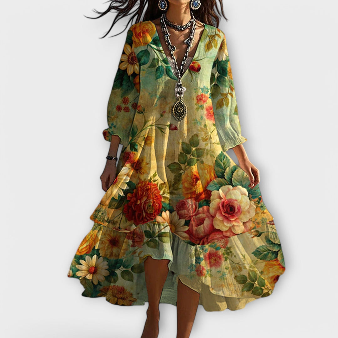 Marina - Vintage Boho Floral Pattern V-Neck Dress
