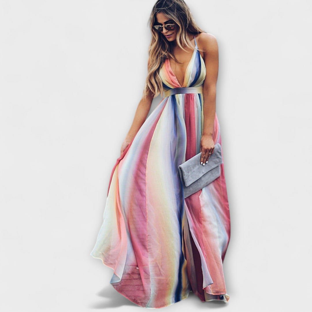 Multicoloured Striped Women's Dress with V-Neck