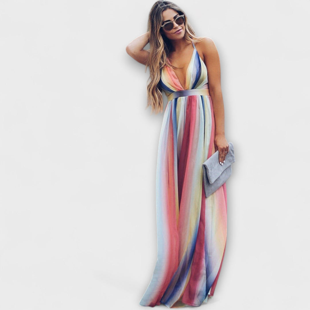Multicoloured Striped Women's Dress with V-Neck