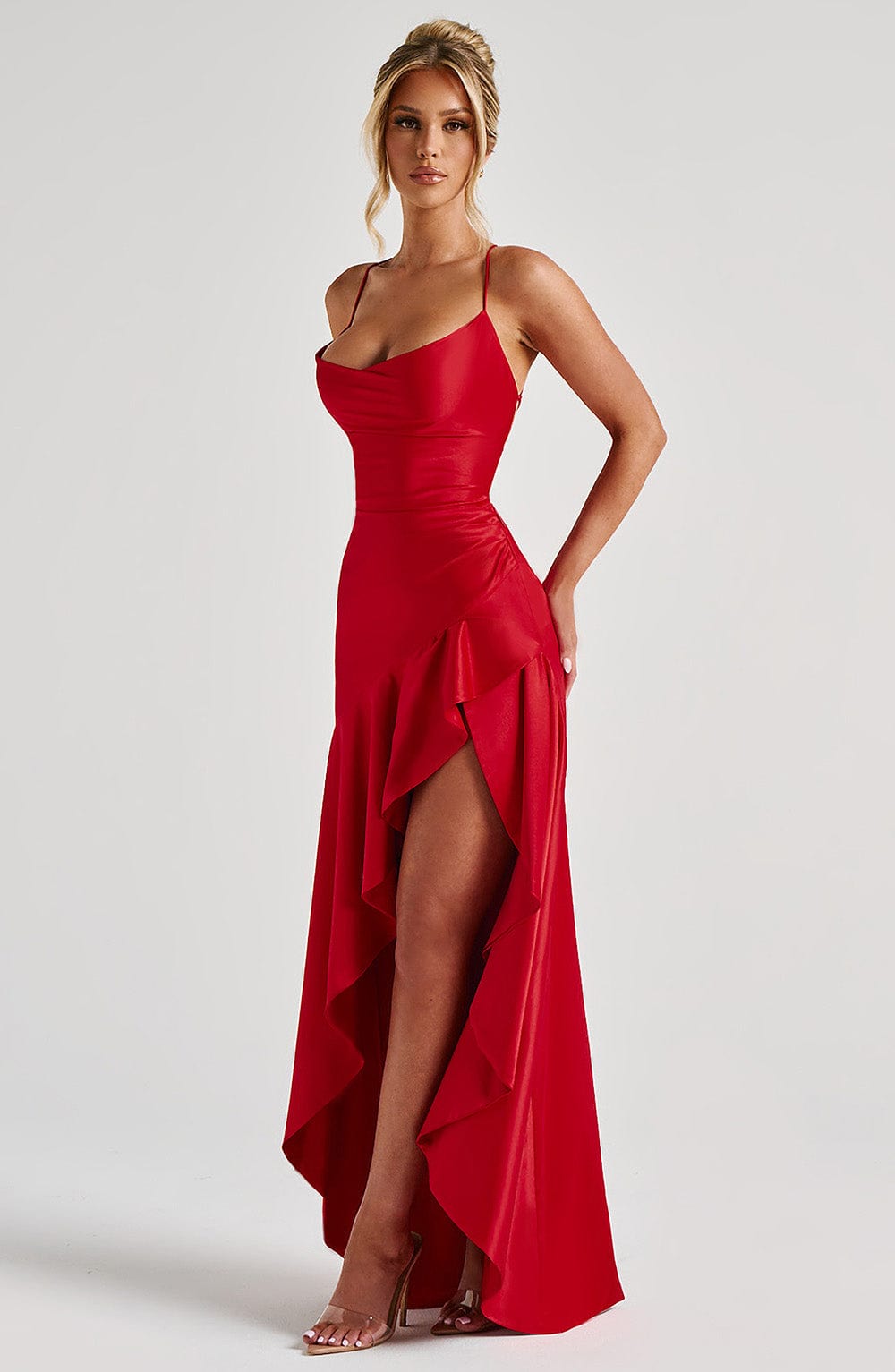 Ivy Satin Ruffle Maxi Dress