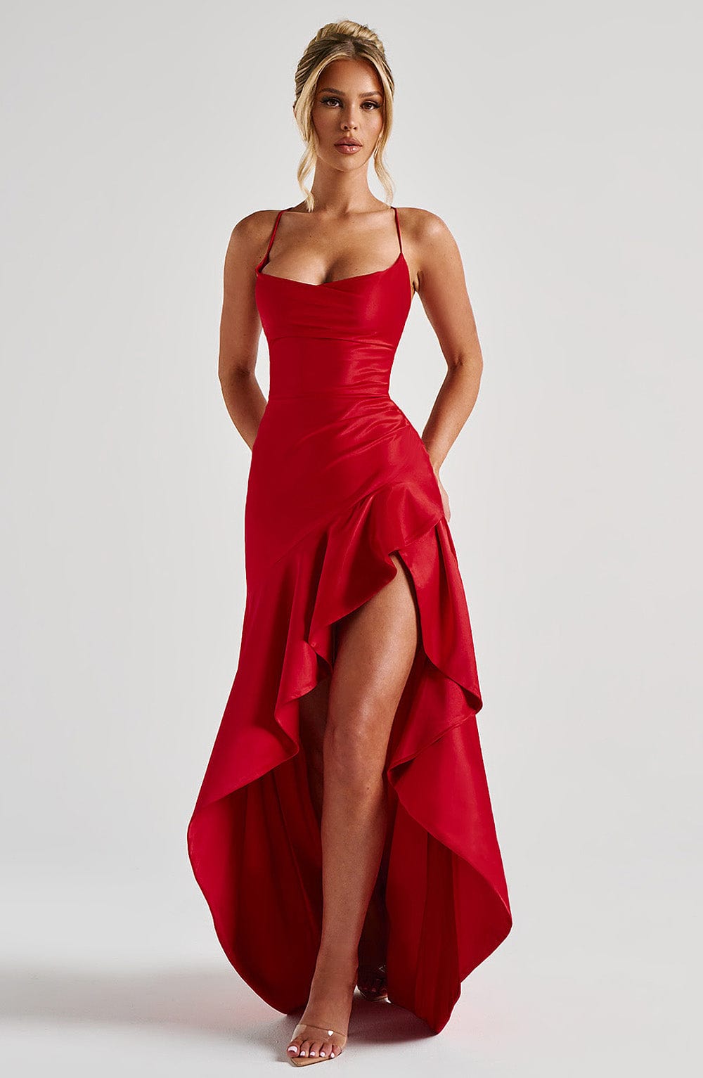Ivy Satin Ruffle Maxi Dress