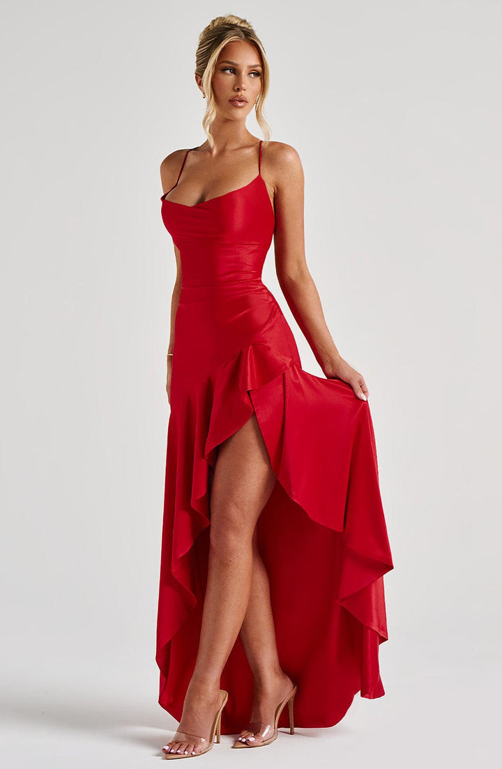 Ivy Satin Ruffle Maxi Dress
